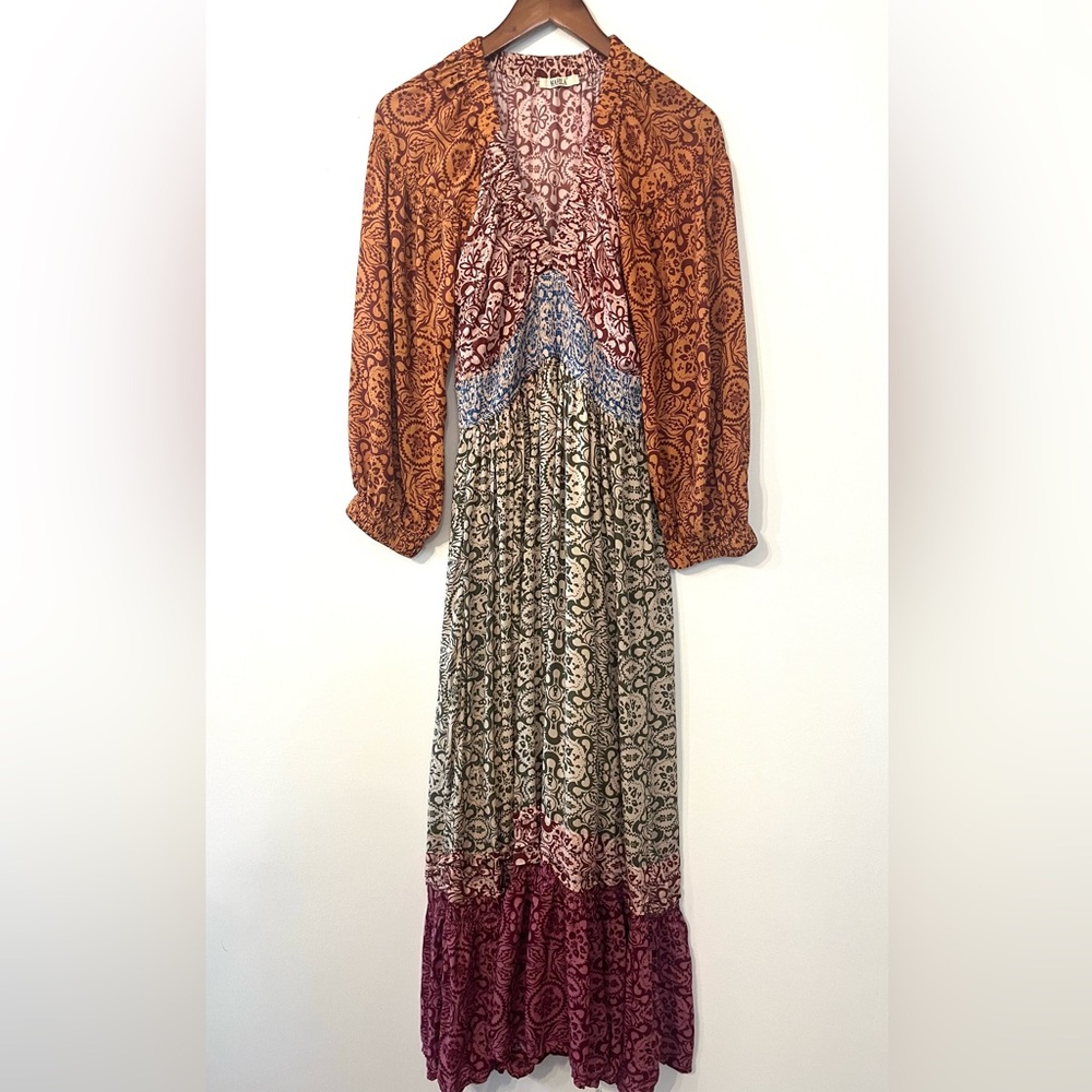 Mahila boho mixed print tiered maxi dress v-neck, smocking festival cottagecore - Picture 4 of 11